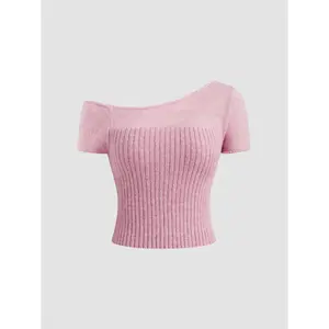Cider [size 2-26] Asymmetrical Neck Knitted Short Sleeve Crop Top SwimWeek