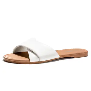 FITORY Sandals Women's Flat Sandals Fashion Slides With Soft Leather Slippers for Summer Footwear White
