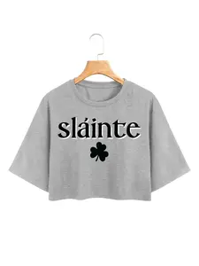 Women's New Clover Print Short Sleeve Cropped T-Shirt, St Patrick's Day Irish Style Loose Fit Drop Shoulder Top, Casual Summer Streetwear