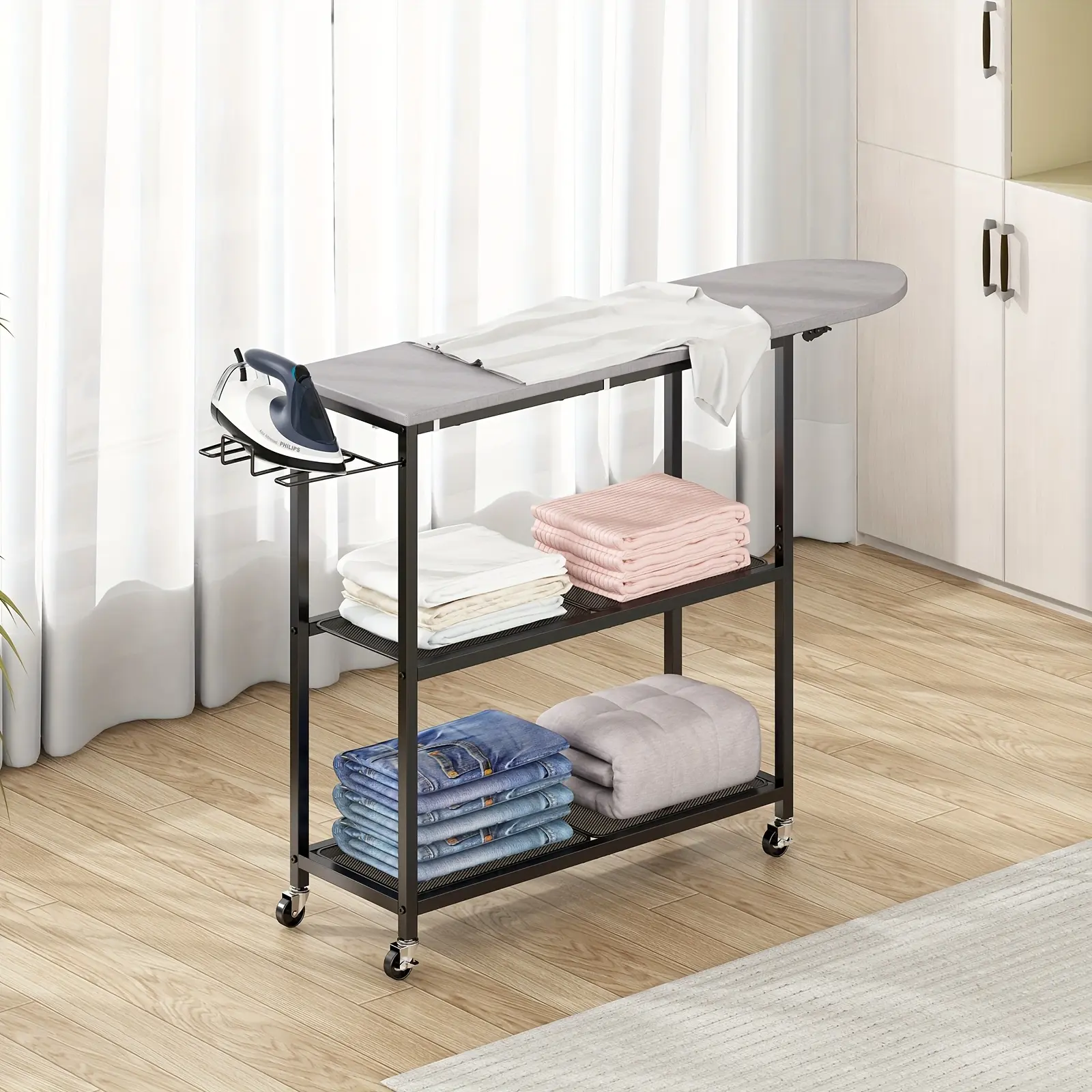 3-Tier Rolling Ironing Board Cart with Rack - Mobile Storage Organizer with Wheels, Suitable for Laundry Room, Living Room, Bedroom, and Patio - Gray Fabric Top, Black Metal Frame, Multi-Purpose Design, Practical Rack