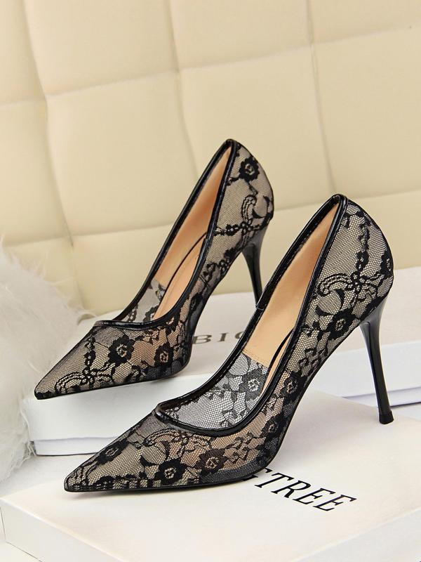 Women's Mesh Hollow Design with Contrast Lace Pointed Toe Stiletto Heeled, Stylish Elegant High Heeled Dress Formal Shoes for Party, Perfect Footwear for Outfit Matching, Wedding Party Shoes