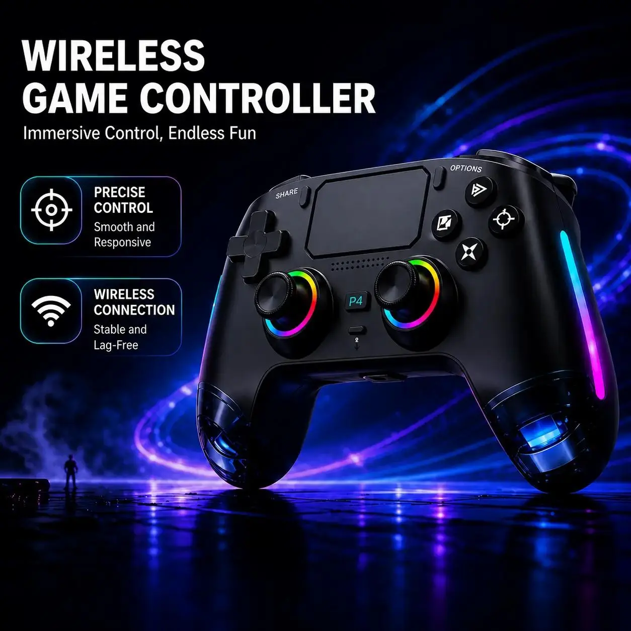 Wireless Bluetooth Gaming Controller for PS4 Console Accessories - 6-Axis Hall Sensor, Macro Programming, RGB Light Effect, Rapid Fire Function