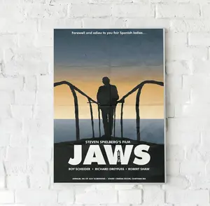 Jaws Movie Quint Amity Island Vintage Poster, Matt Hooper, Martin Brody, Shark And Swimmer, Vintage Beach Poster, Gifts for Film Fans