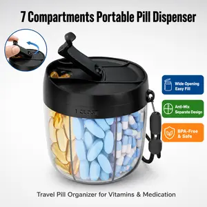 7 Large Compartments Cute Pill Dispenser, Portable Pill Bottle Organizer with Wide Opening for Easy Use, Anti-Mix Pill Organizer for Travel, BPA-Free Pill Container, Black Healthcare Organizer Capsule