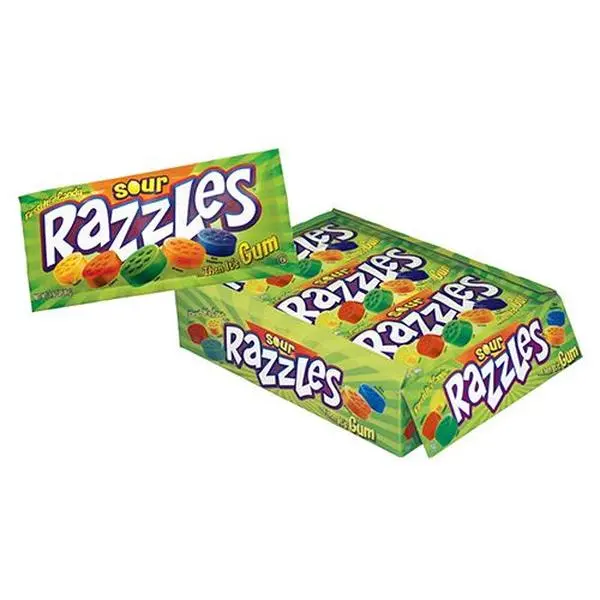Razzles Sour Candy 1.4 oz. 24 ct. - Sour, Crunchy and Chewy Gum with Fruit Flavor - 24 Count Pack Snack Sweet Bonbon Tangy