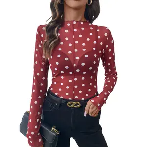 EncoLax Womens Sheer Mesh Tops Polka Dot Print Long Sleeve Shirts Sexy Blouses Slim Fitted