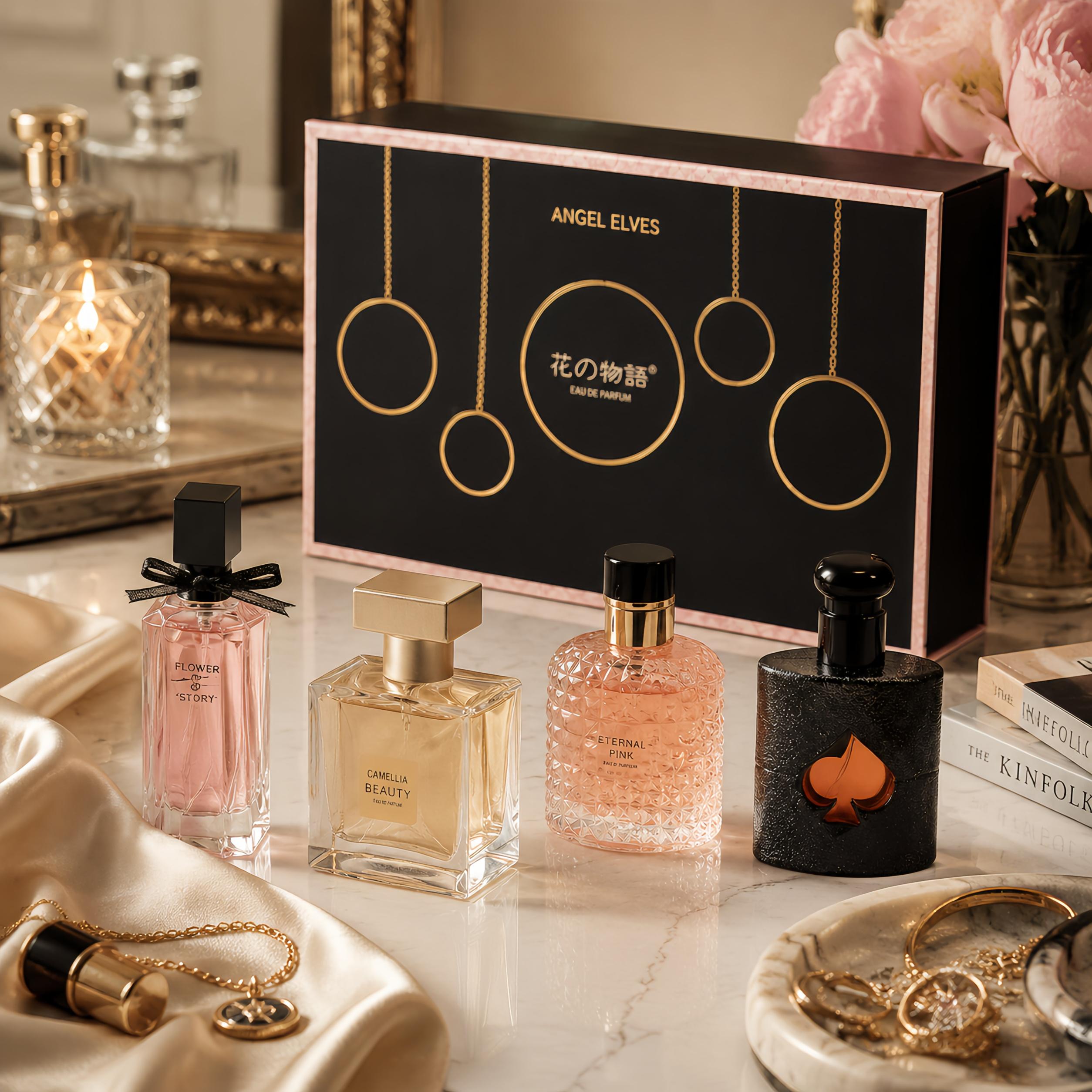 Women's The Language of Flowers 4-Piece Citrus Fragrance Set (25ML x 3 + 30ML) - High-End Gift Box, Notes of Pink Pepper, Orange Blossom, Pear, Coffee, Jasmine, Sandalwood, Peach, Blackcurrant - Long-Lasting Daily  Citrus Fragrance distinct scent