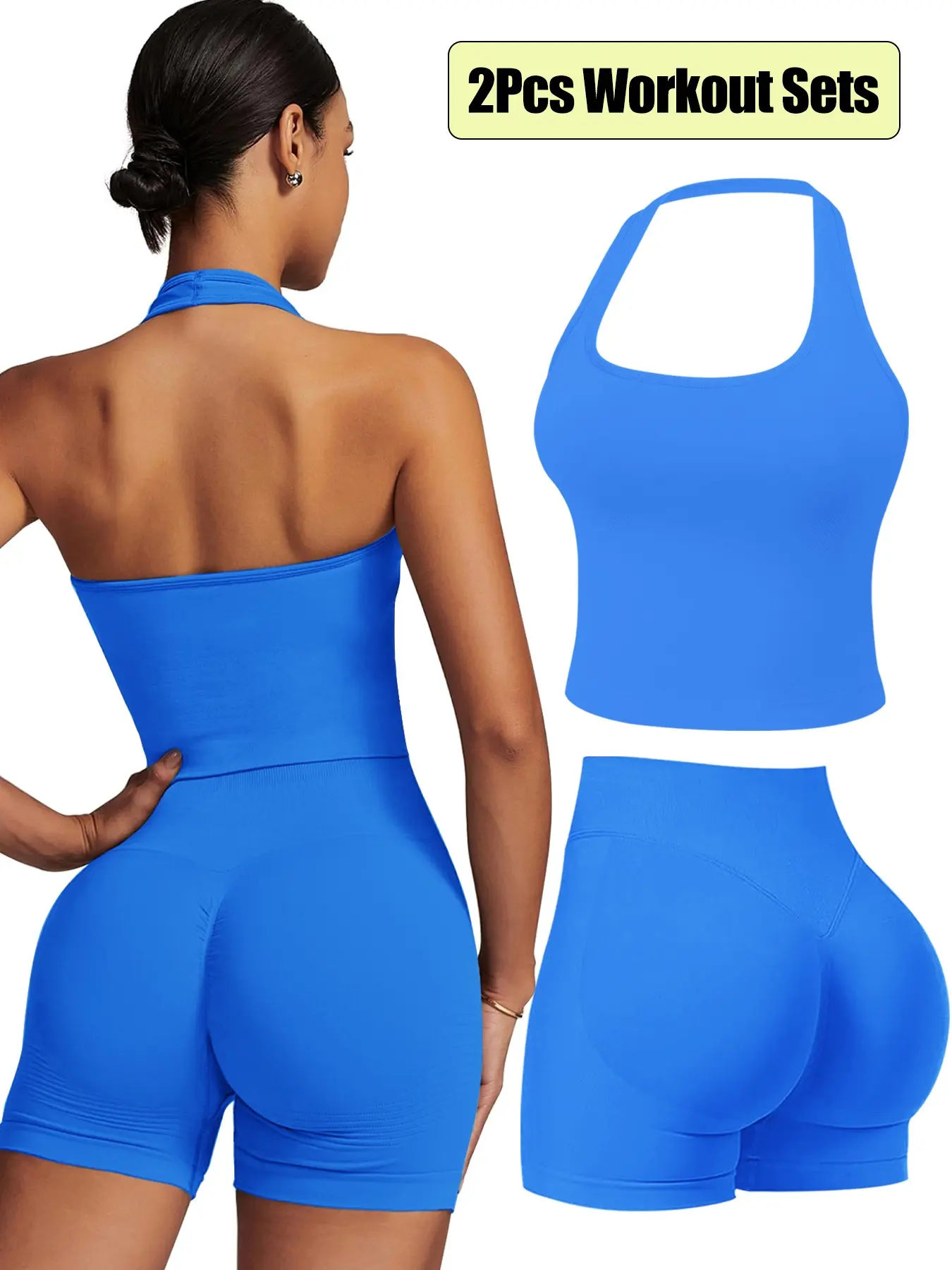 Women 2 Piece Workout Set, Sports Activewear Set, Halter Neck Yoga Tank Tops, Mid-Waisted Scrunched Tummy Control Biker Shorts, Women's Seamless Backless Sports Bra, Booty Biker Short, Sports Shapewear Set, Fitness Sportswear, Gym Workout Sportswear