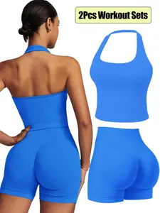 Women 2 Piece Workout Set, Sports Activewear Set, Halter Neck Yoga Tank Tops, Mid-Waisted Scrunched Tummy Control Biker Shorts, Women's Seamless Backless Sports Bra, Booty Biker Short, Sports Shapewear Set, Fitness Sportswear