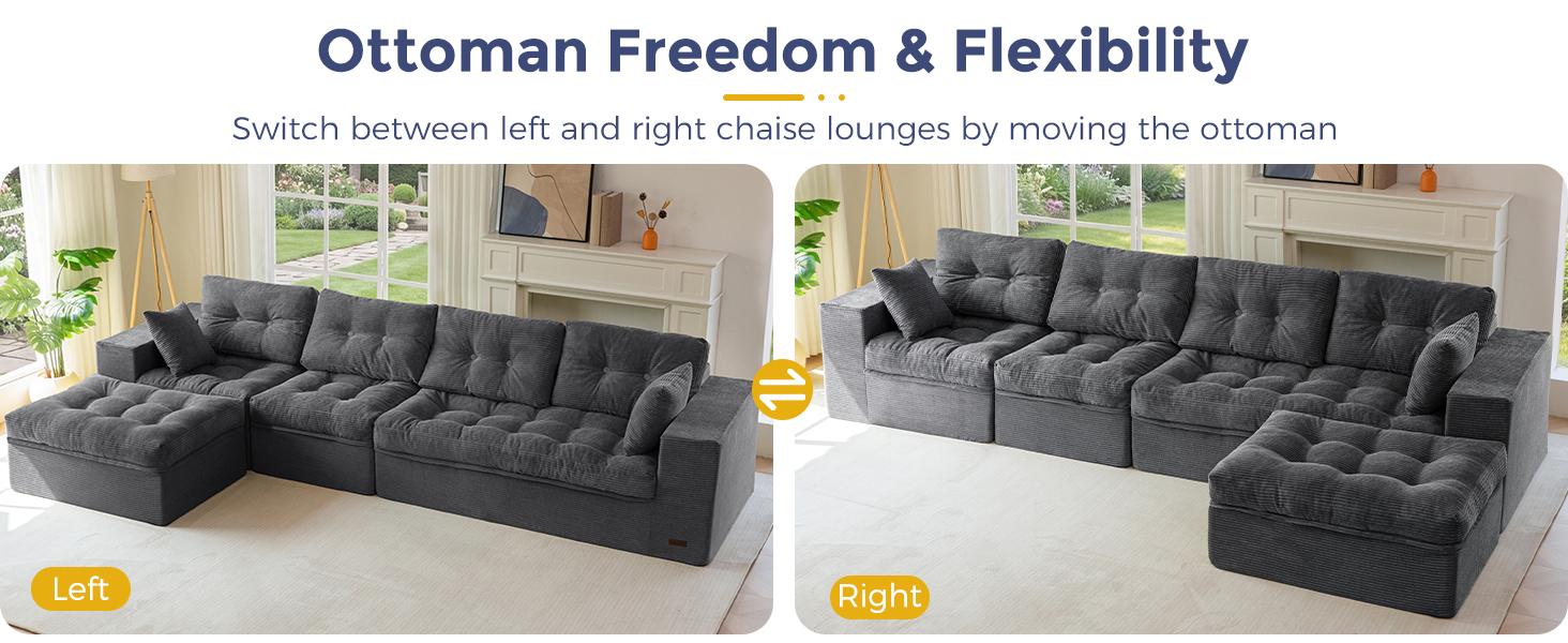 MAXYOYO 132" L Shaped Modular Sectional Sofa with Ottoman, Cloud Boneless Couch with Layered Cushion, Upholstered Sofa in a Box, Flexible Module Combination for Living Room, No Assembly
