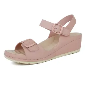 Ortho+rest Women's Arch Support Wedge Sandals Comfortable Open Toe Velcro Closure Summer Plain Footwear Strap Slides Black