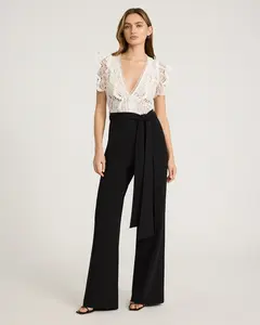 EXPRESS x bebe Lace Color Block V-Neck Belted Wide Leg Jumpsuit