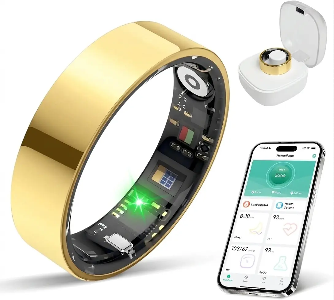 Smart Ring Health & Fitness Tracker with Heart Rate, Calorie, Sleep Cycle, Stress & Mood Monitoring, IP68 Waterproof, Gold Finish, Bluetooth Connectivity, Resin & Stainless Steel Build, Cool Gadgets for Badminton Enthusiasts
