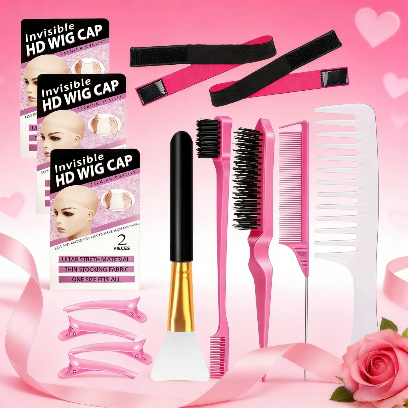 14pcs Hair Styling Set, Hair Styling Tools, Wide-tooth comb, silicone brush, rat-tail comb, dual-sided edge control comb, hair wax brush, hair clips, hair bands HD lace wig cap Suitable for wig combing and wig wearing assistance
