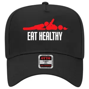 Funny Adult Humor Graphic Baseball Cap | "Eat Healthy" Sexy Stick Figure Black Snapback Hat | Humorous Parody Trucker Hat for Men & Women