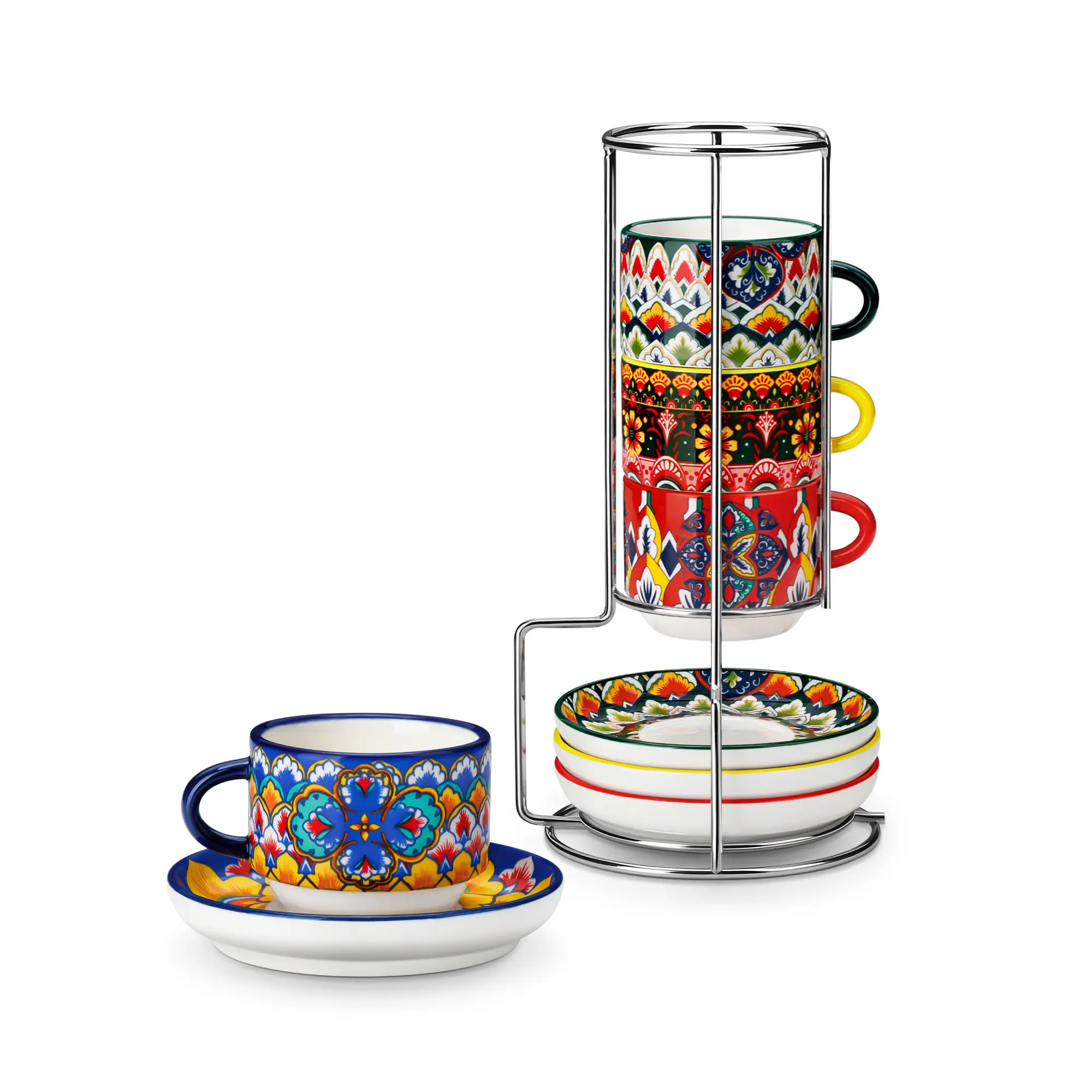 vancasso LUMI Stackable Espresso Cups Set of 6 with Metal Stand, Boho Ceramic Espresso, Cappuccino & Tea Cups with Saucers, Space-Saving, Microwave & Dishwasher Safe, Coffee Bar Set