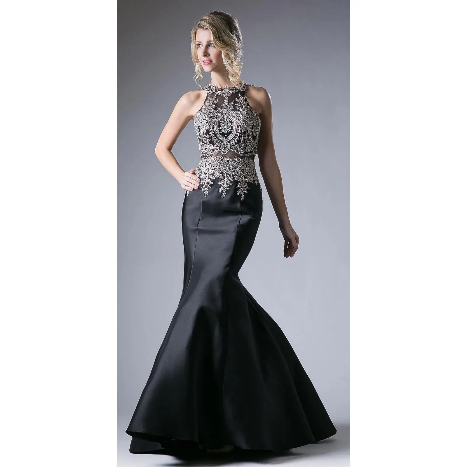 Cinderella Divine 8934 Sleeveless Halter Top Formal Wear Gown - Embroidered Bodice, Satin Mermaid Silhouette, Cut-Out Back, Prom Ready