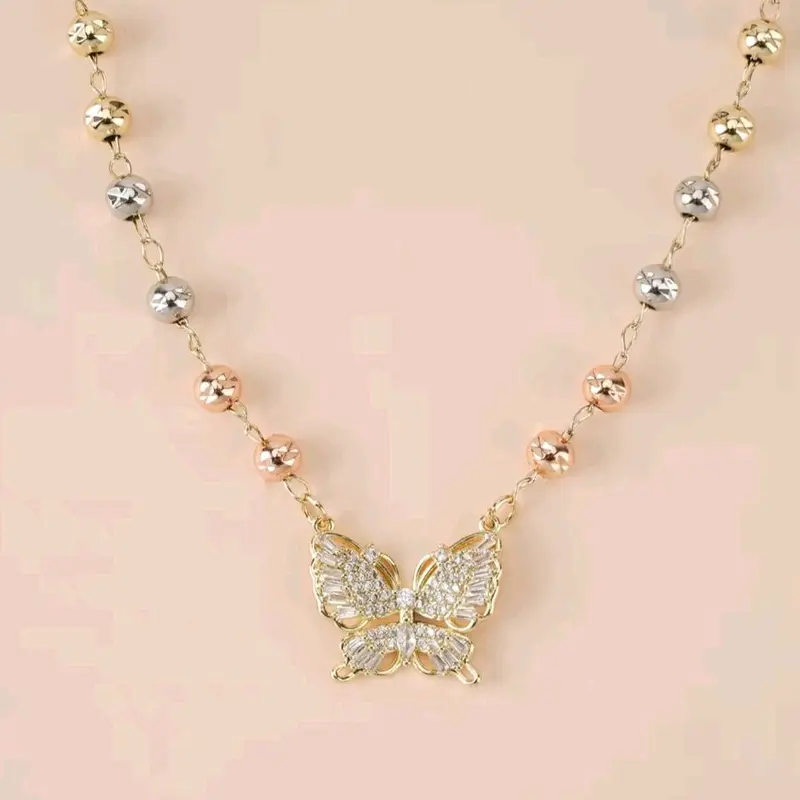 butterfly necklace 14k gold plated tri color or gold color beads gold plated