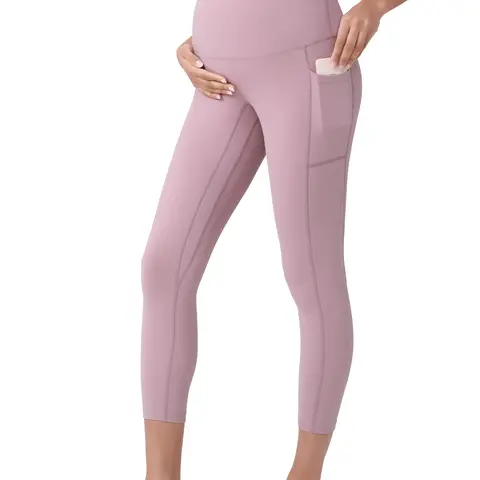 POSHDIVAH Women's Bump Friendly Over-Belly Capri Leggings - Nylon Blend, Opaque, Stretchy, Pocketed, Buttery Soft Feel, Pregnancy Clothes, for Workout & Casual Use