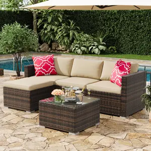GAOMON 5-Piece Outdoor Sectional Sofa Set, All-Weather PE Rattan Patio Furniture with Ottoman & Tempered Glass Table, Convertible Garden Couch for Backyard, Porch, Poolside,Brown Wicker with Khaki Cushions