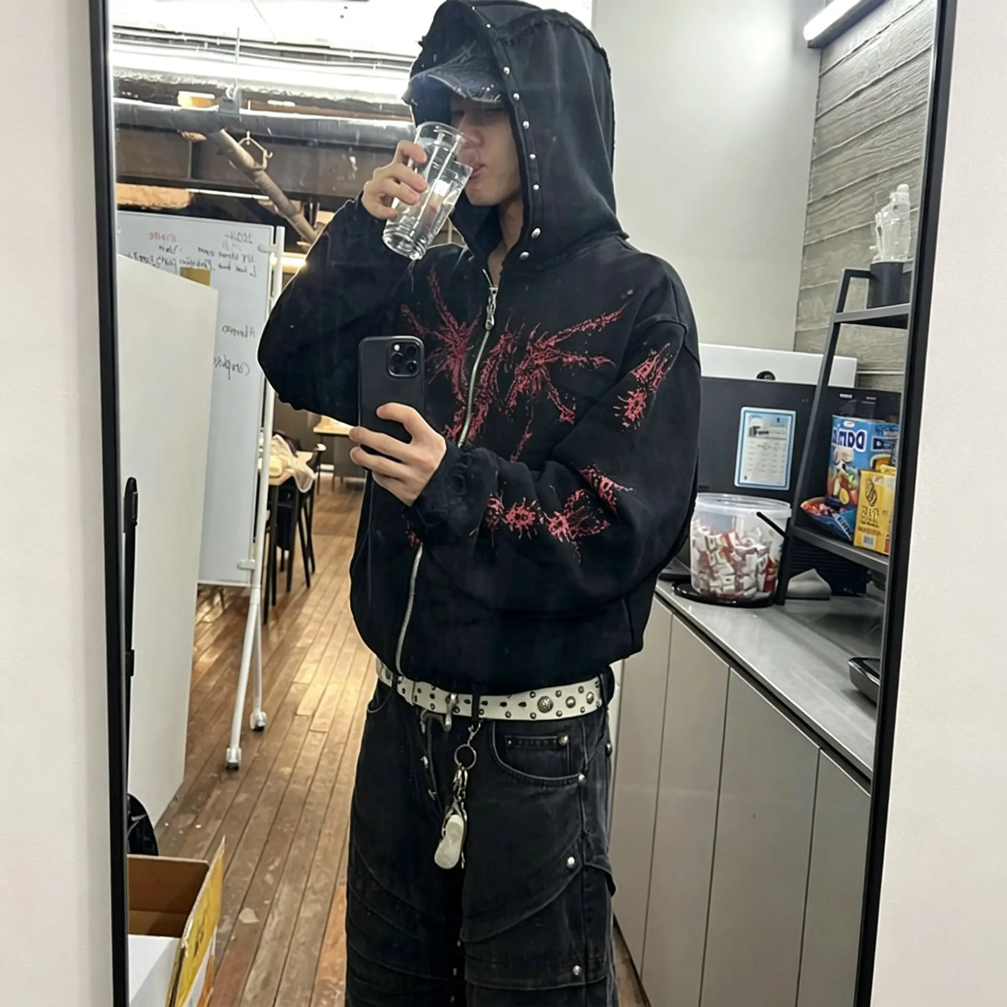 Gothic dragon print distressed raw-edge zip-up hooded jacket with studs, street sweatshirt
