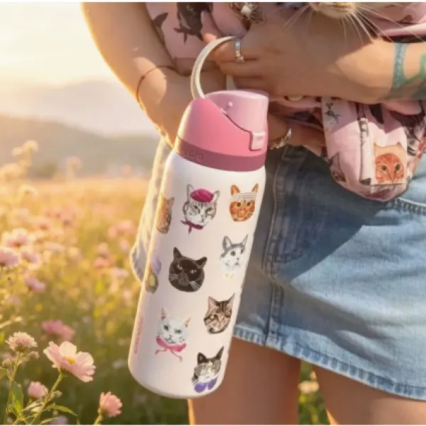 Pink Cat 70 Gift Bag Style, Free Replacement Straw, Free Brush, 24oz / 32oz Owala Cup, Stainless Steel Insulated Cup for Outdoor Use, Portable Sports Water Bottle, Pop-Up Thermos for Travel and School.