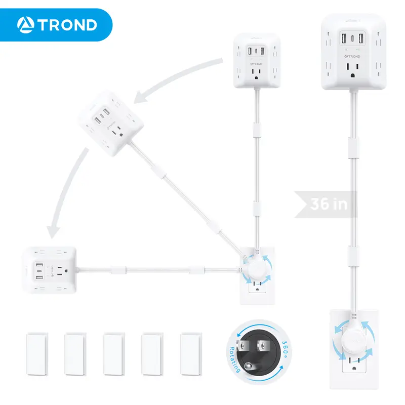 TROND 360° Rotating Wall Outlet Extender with USB-A USB-C & 5 AC Outlets 18-36" Extension for Couches Nightstands Desks TV Kitchen Dorm Essentials
