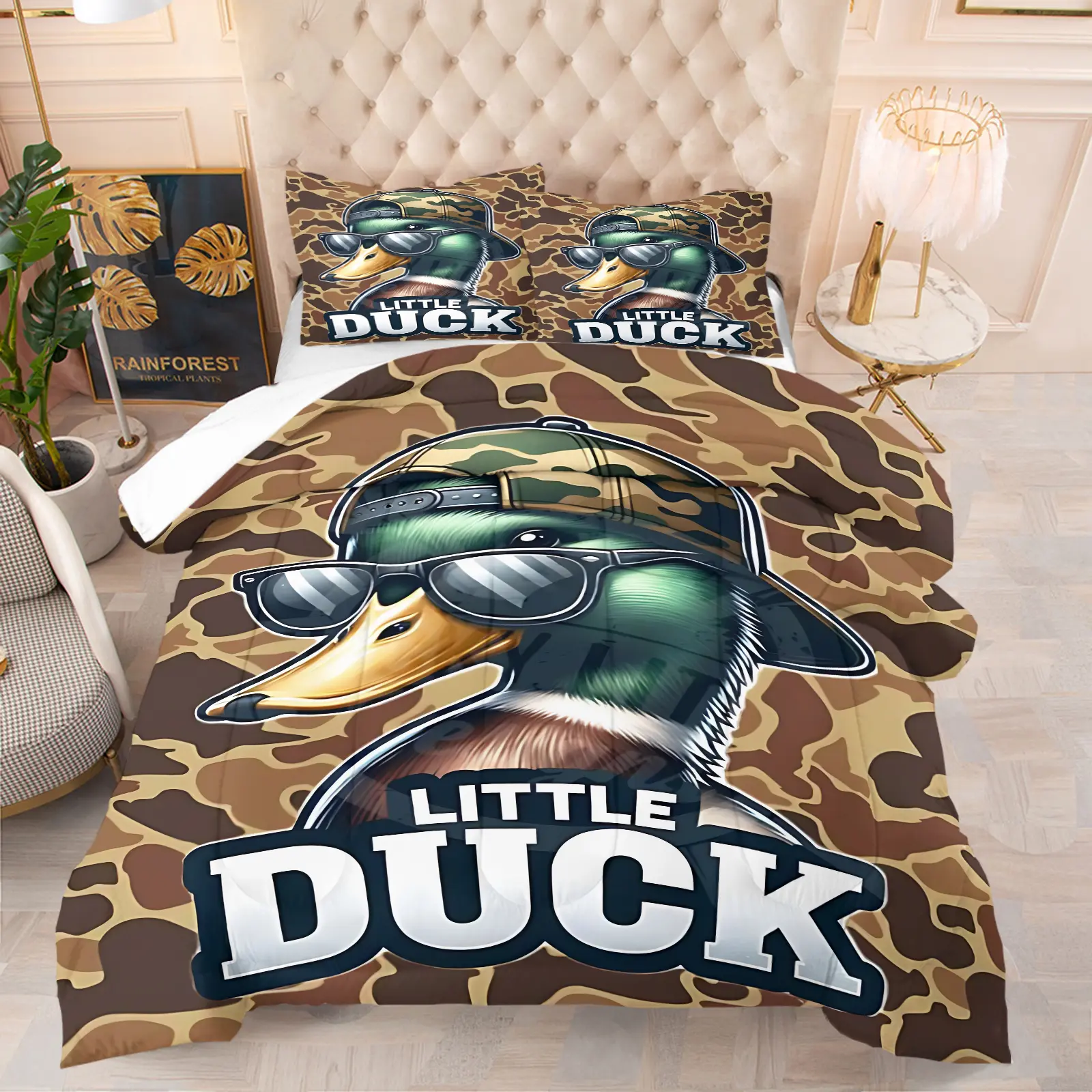 2/3 pieces Duck Hunter Green Camouflage Hunting Comforter Set Kids Black Brown Comforter for Boys Teens Camo Army Bedding Set Breathable Fabric Wild Room Decor include 1 Quilt and 1/2 pillowcase