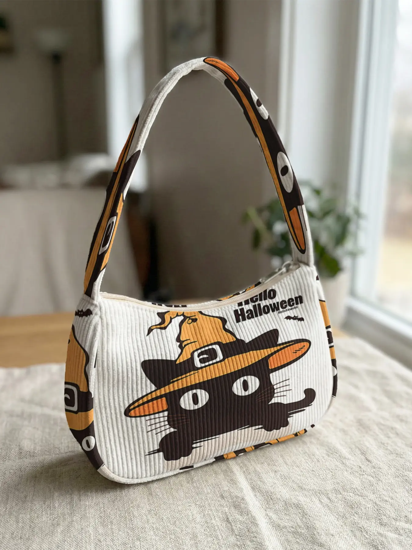 Cat Witch Hello Halloween Wristlet Bag, Vintage Style, All-Over Print, Casual Design, Perfect for Daily Use, Dating, Shopping, Travel