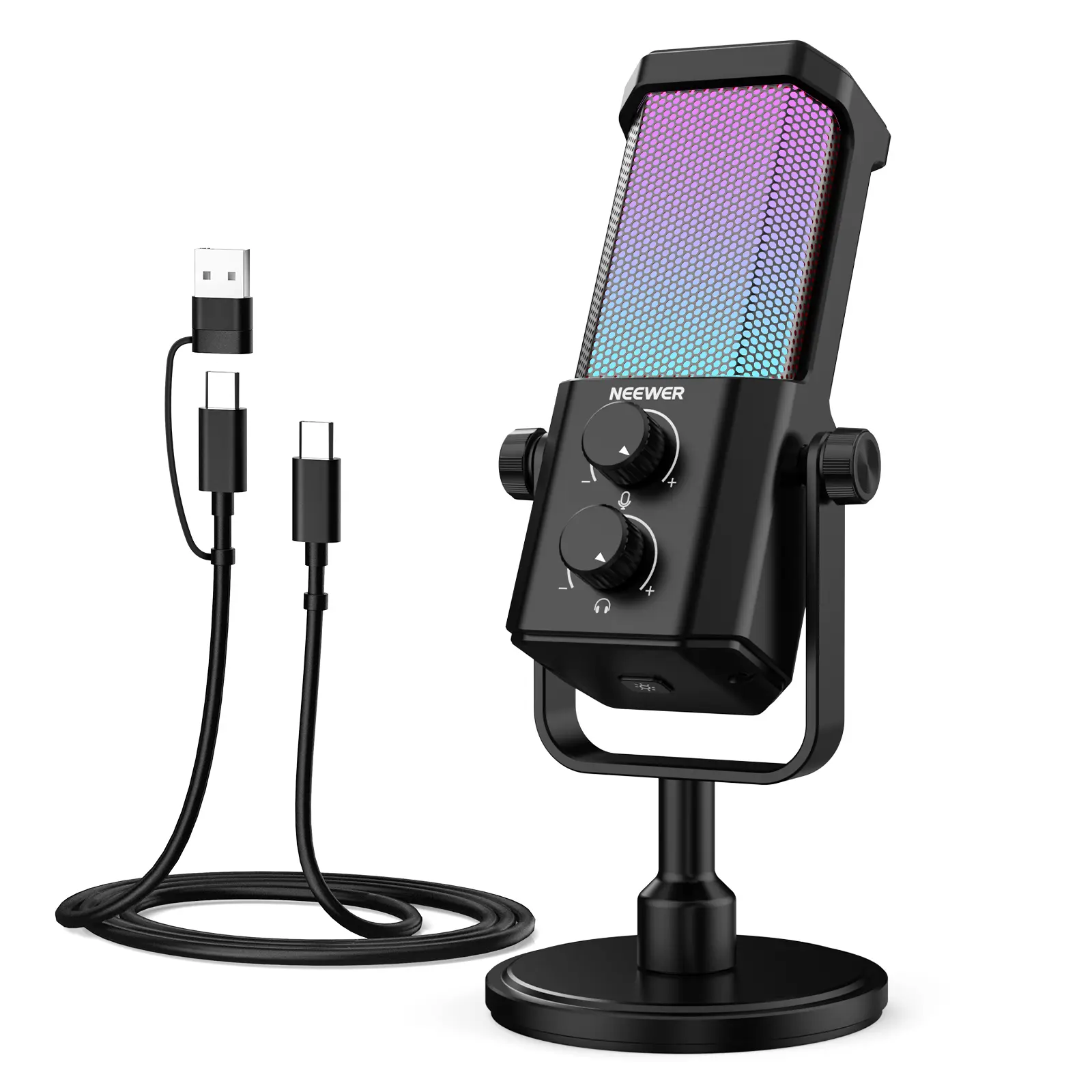 NEEWER UM01 AI Noise Canceling USB Powered Podcasting Desktop Mic, Plug & Play Cardioid RGB Light Condenser Mic with Mute/Music Sync/App Control for Android, Windows PC, Mac, PS4/5 Gaming Recording Streaming