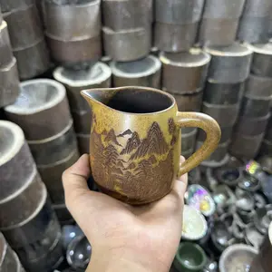 Earthy Ceramic Pitcher with Intricate Chinese Landscape Engraving: A Timeless Work of Traditional Pottery Art-388