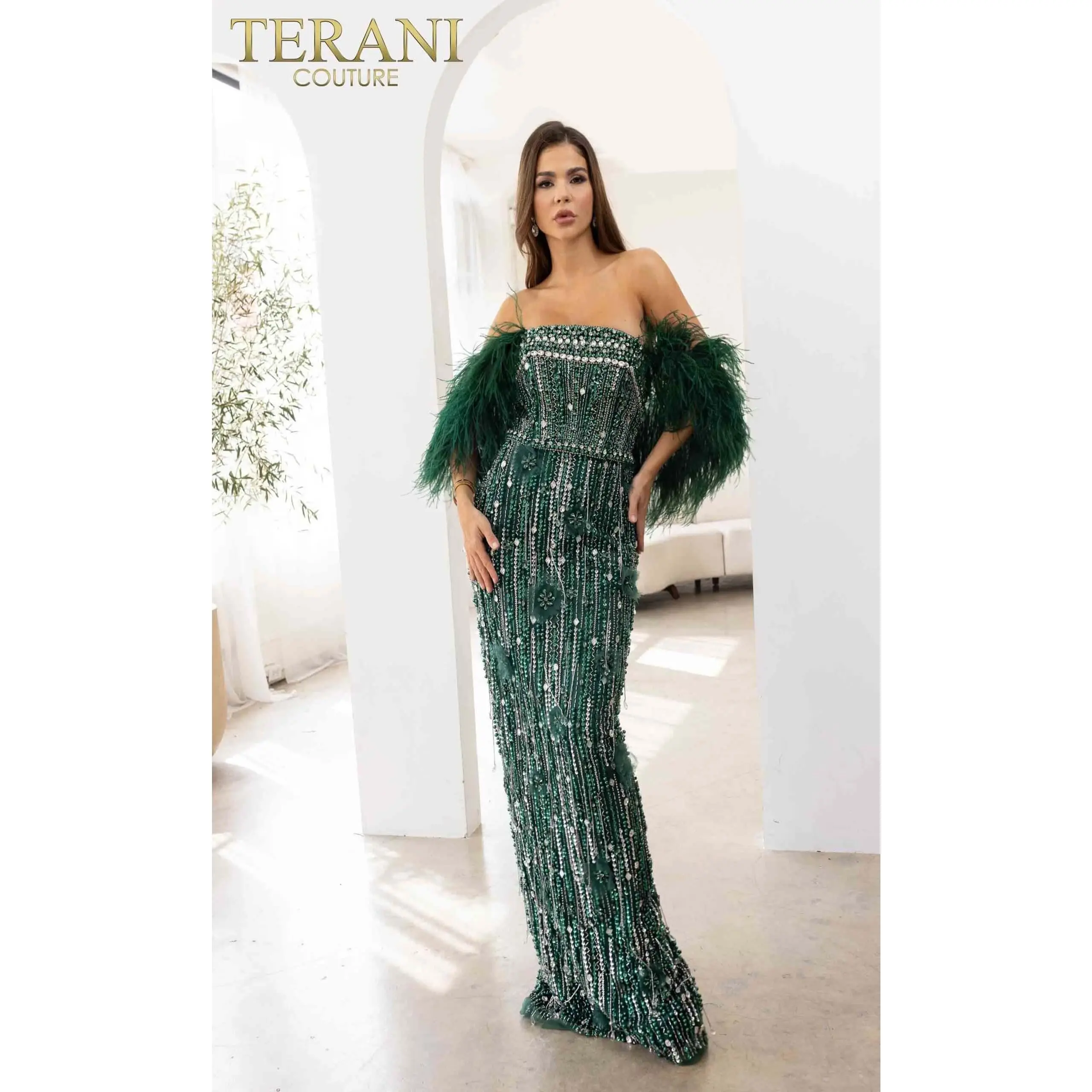 V-Line Off-Shoulder Hunter Green Tulle Column Evening Dress
