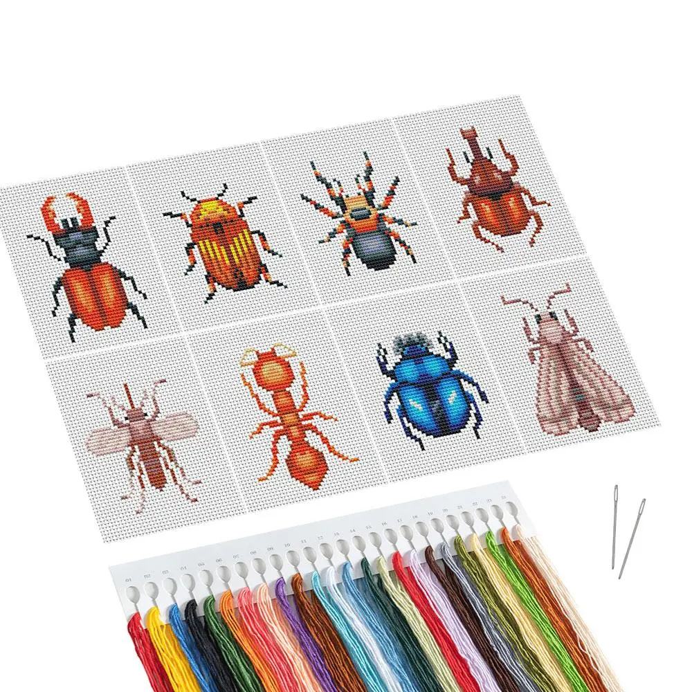 Insect Pattern Cross Stitch Kit, 8 Counts/set Cross Stitch Printed Canvas, DIY Cross Stitch Kit for Beginners, Embroidery Craft, Embroidery Kits, Embroidering Design, Handmade Embroidery, DIY Embroidery Supplies
