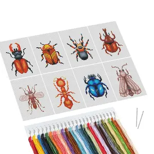 Insect Pattern Cross Stitch Kit, 8 Counts/set Cross Stitch Printed Canvas, DIY Cross Stitch Kit for Beginners, Embroidery Craft, DIY Embroidery Supplies