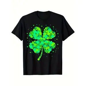 Men's & Women's Lucky Clover St. Patrick's Day T-Shirt - 100% Cotton Black with Neon Green Four-Leaf Clover Print, Short Sleeve Round Neck Casual & Party Wear, Irish-Themed Fit Tee (Sizes S-XXXL) for Year-Round Wear & Irish Pride, PLUS SIZE