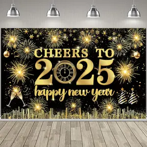 Gold Cheers to 2025 Happy New Year Hanging Fabric Sign Poster Banner Backdrop with Pattern Firework Champagne Background Photo Booth Backdrop