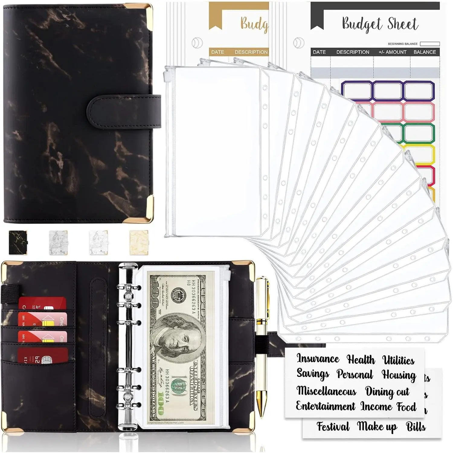 Budget Binder  Cash Envelopes for Budgeting Money Organizer 28Pcs with Marble 6-Ring Saving Binder(Black)