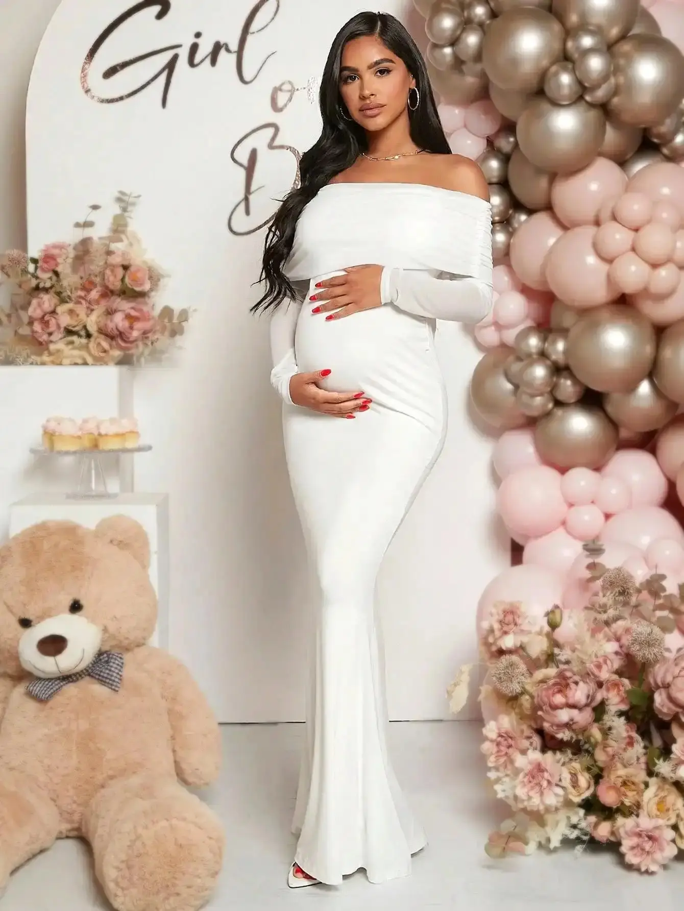 Women Chic Off-Shoulder Fishtail Maxi Dress for Maternity Baby Shower Classic White Bodycon Silhouette with Mermaid Hem Long Regular Sleeves Pregnancy Clothes, elegant silhouette, timeless appeal, graceful flow