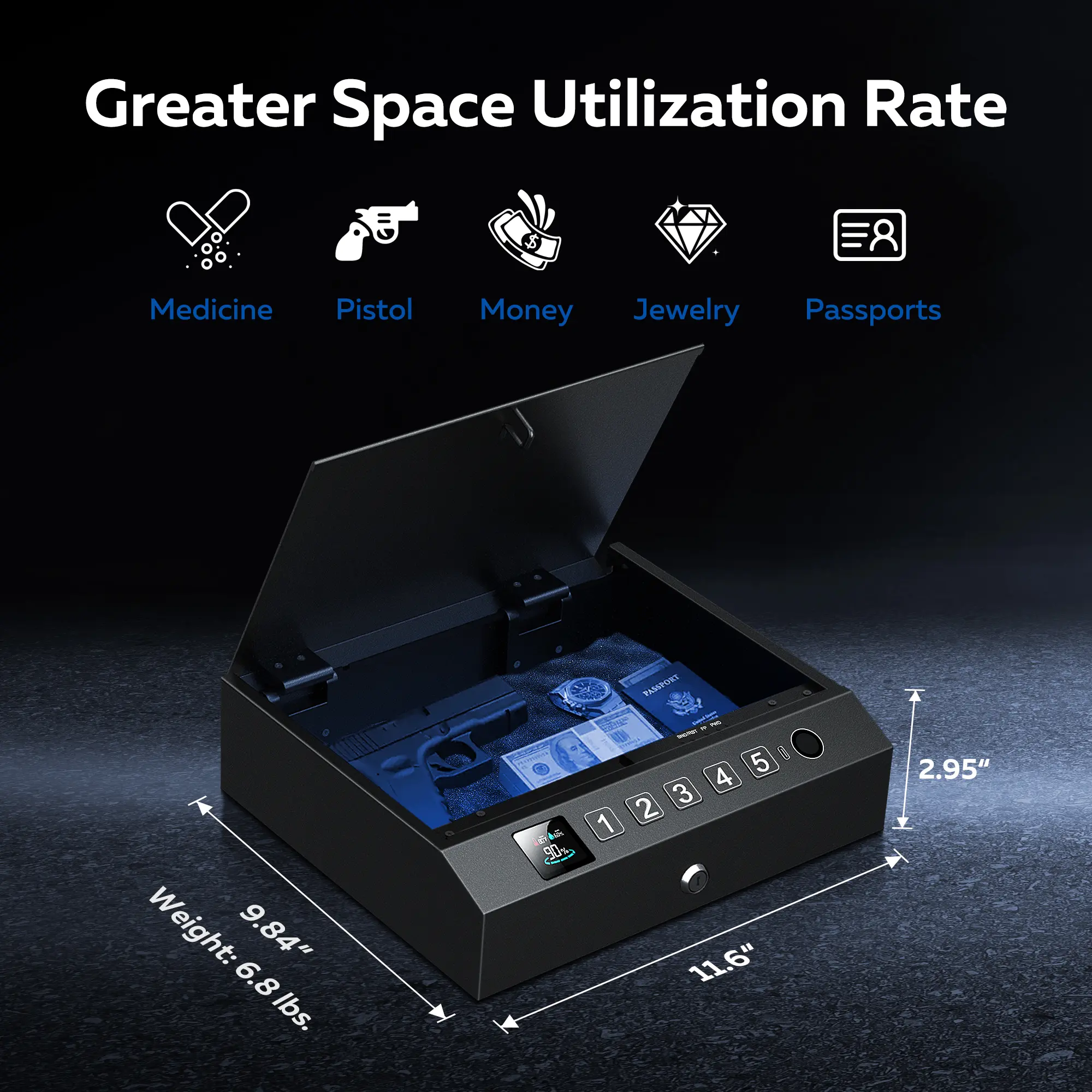 [SummerVibes] CTSAFEPRO Fingerprint Lock Box Quick Access Smart Safe 3 Unlock Modes LED Light Temperature Display Portable Security Box for Home Car and Travel