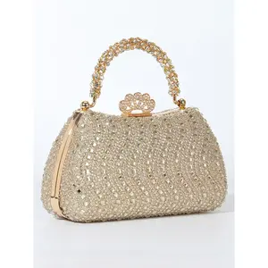 Full-Diamond Women's Evening Clutch Bag Strass-Handle Design Handbag Flower-Shaped Diamond-Studded Lock Clasp Includes Shoulder Strap for Crossbody Wear Ideal for Weddings, Parties, and Formal Occasions Elegant Rhinestone Bag