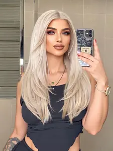 22 Inch Long Platinum Blonde Layered Straight for Women, Layered Cut Wig, Gorgeous Fluffy Wigs without Bangs, Synthetic Lace Front Wigs for Party, Daily Use