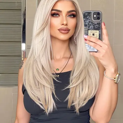 22 Inch Long Platinum Blonde Layered Straight for Women, Layered Cut Wig, Gorgeous Fluffy Wigs without Bangs, Synthetic Lace Front Wigs for Party, Daily Use, Synthetic Hair Wig