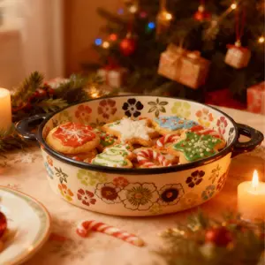 Hand-Painted Ceramic Baking Bowl with Handles, Colorful Round Casserole Dishes, Bakeware, Floral Pattern, Oven Safe, Ideal for Salads, Bbqs & Cheese