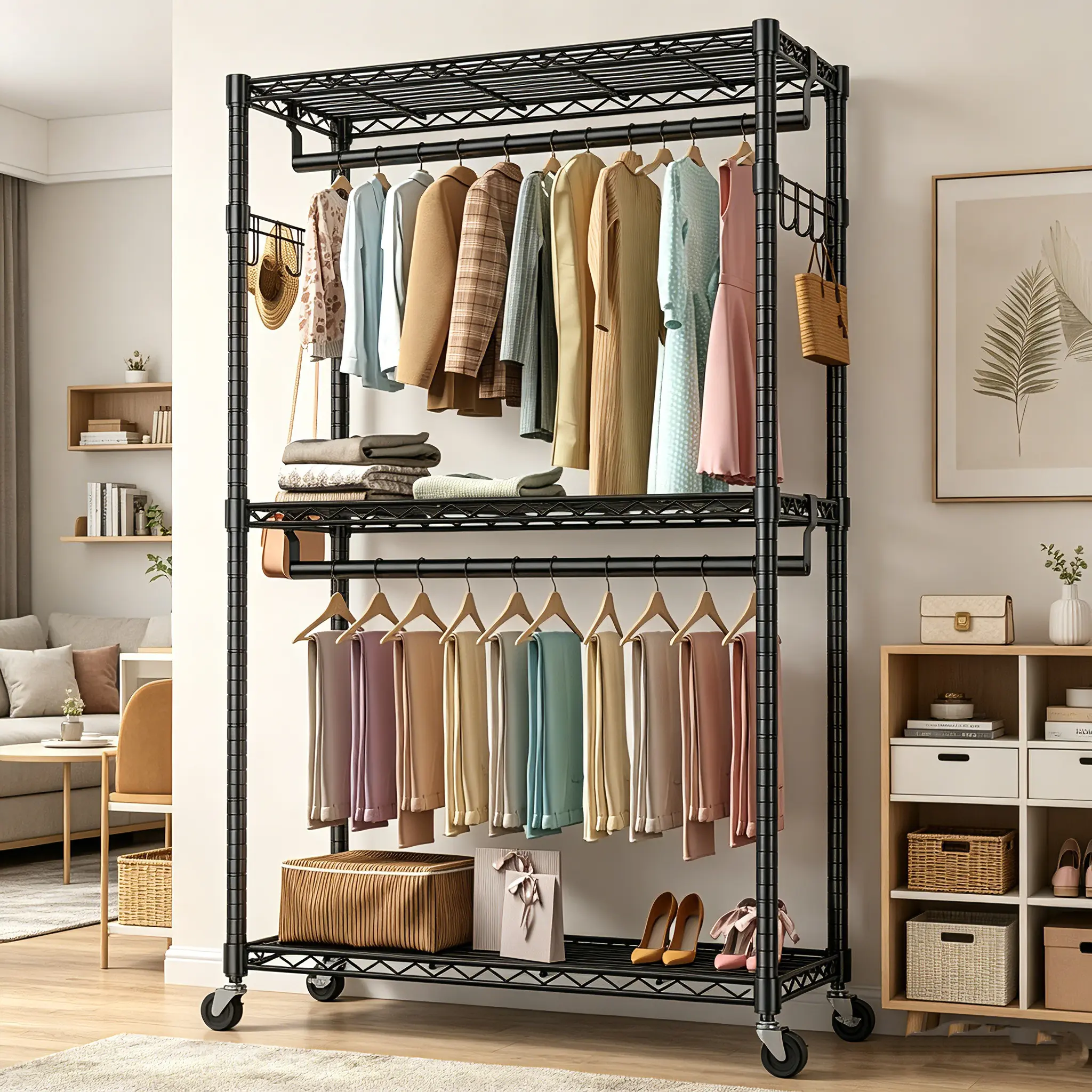 Heavy Duty Rolling Garment Rack - 3-Tier Adjustable Wire Shelving, Hanger Rod, Side Hooks, Freestanding Metal Portable Storage Organization 3-Section Stand Coat Racks (29.5/45-in) Indoor Furniture Wardrobe, Three-Section Stand Coat Racks