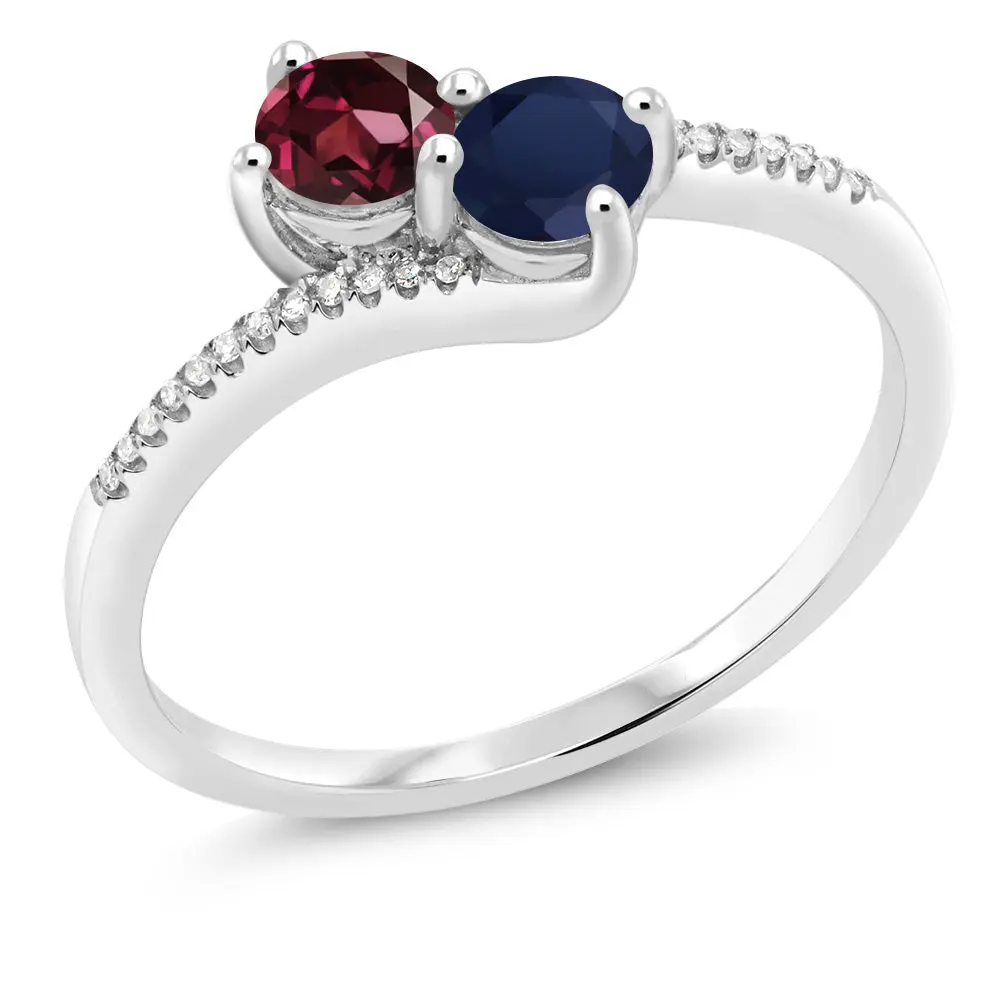 Gem Stone King 10K White Gold Forever United Two Stone Red Rhodolite Garnet and Blue Sapphire and Diamond Engagement Ring For Women (0.90 Cttw, Round)