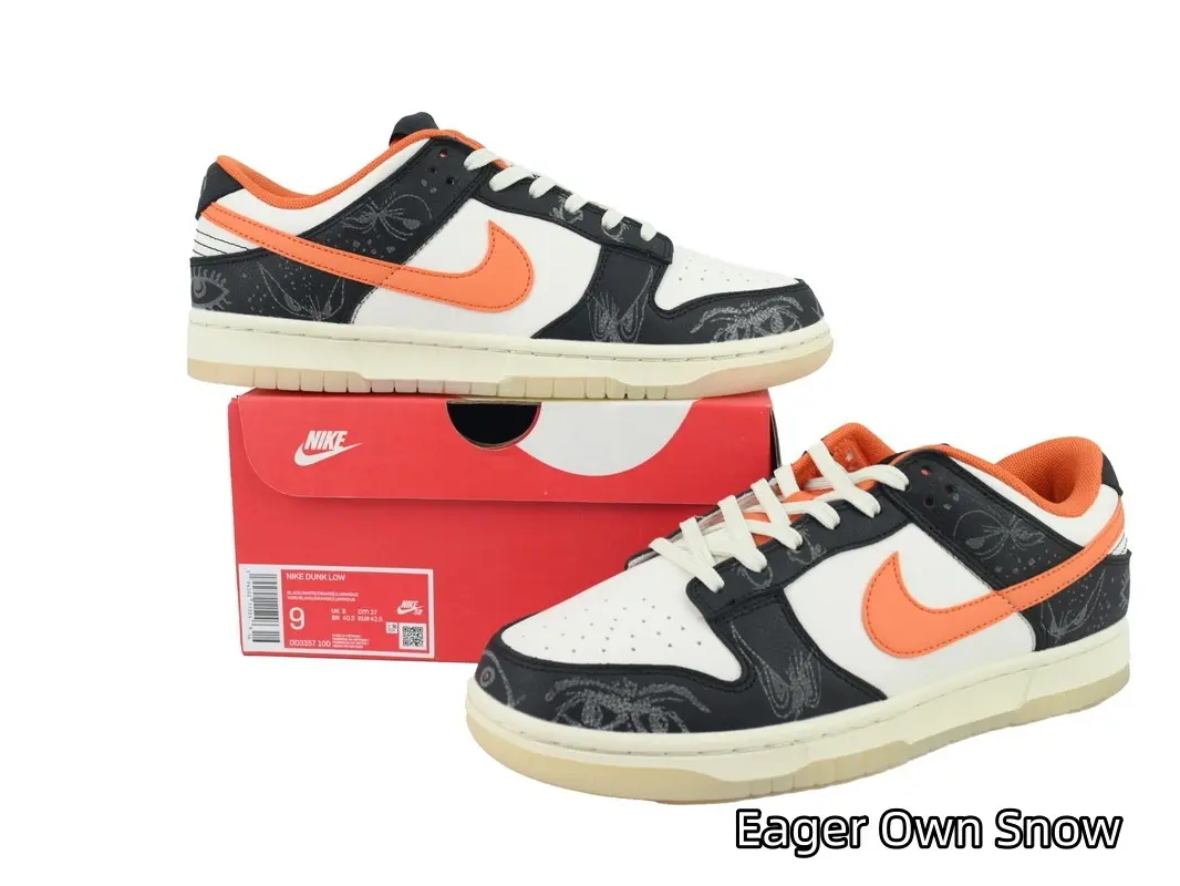 Low Top Skate Sneakers | Black White Paisley Bandana Print Canvas & Cream Leather Upper | Orange Contrast Side Accent | Cushioned Shock Absorbing Insole | Gum Yellow Non-Slip Rubber Sole for Retro Street & Skate Daily Wear