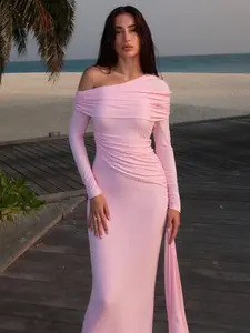 Women's Solid One Shoulder Ruched Ribbon Back Split Long Sleeve Dress, Sexy Strapless Plain Plicated Slim Fitted Slit Dress, Elegant Party Club Date Evening Gown Formal Dress, Ladies Spring Fall Winter Daily Casual Long Dresses Clothes Wear