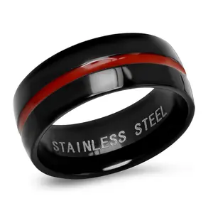 Unisex Black Ion Plated Stainless Steel Thin Red Line Ring