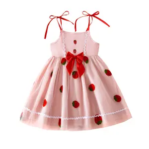 Toddler Girl Summer Dress Strawberry Embroidery Tie Strap Sleeveless Tulle A Line Tutu Dress with Bow Infant Baby Girl Casual Beach Outfit