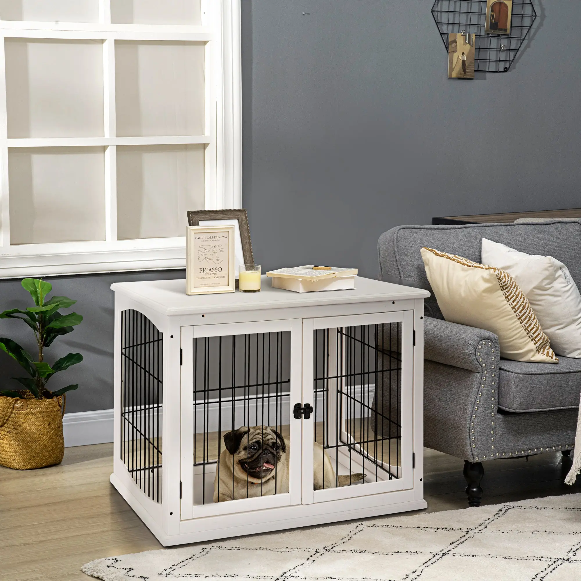 Dog Crate Furniture 32 Small Dog Cage End Table with 2 Doors Lockable Door Puppy Kennel Indoor White